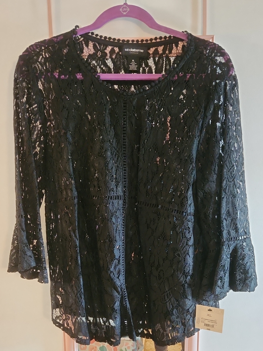 Liz Claiborne Black Floral Lace Long Sleeve Blouse